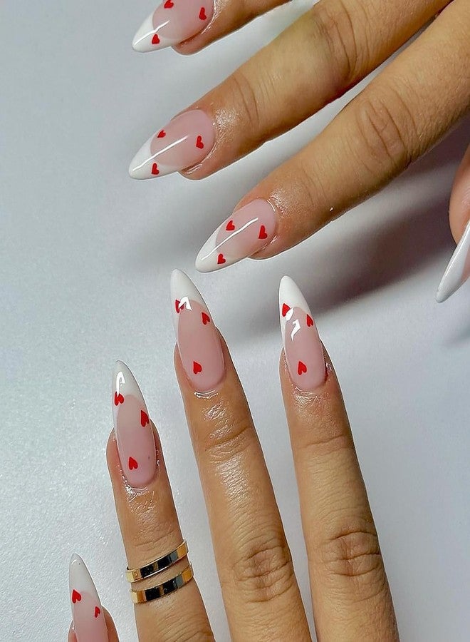 GRITOSE 24 Pcs Nude Valentines Press on Nails Almond Medium Fake Nails Full Cover French Tip False Nails Valentines Heart Nails Holiday Glue on Nail Artificial Reusable Stick on Nail for Women - Image 1